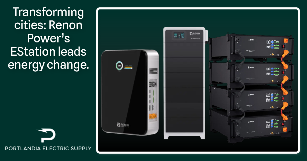 Illustration of Renon Power Energy Storage Systems (EStation) integrated into a smart city grid with EV charging stations, solar panels, and modern infrastructure.