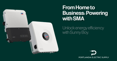 SMA Solar's Sunny Boy Inverter installed on wall with rooftop solar panels in background