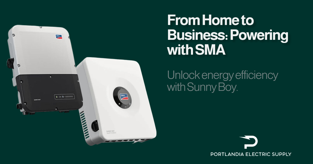 SMA Solar's Sunny Boy Inverter installed on wall with rooftop solar panels in background